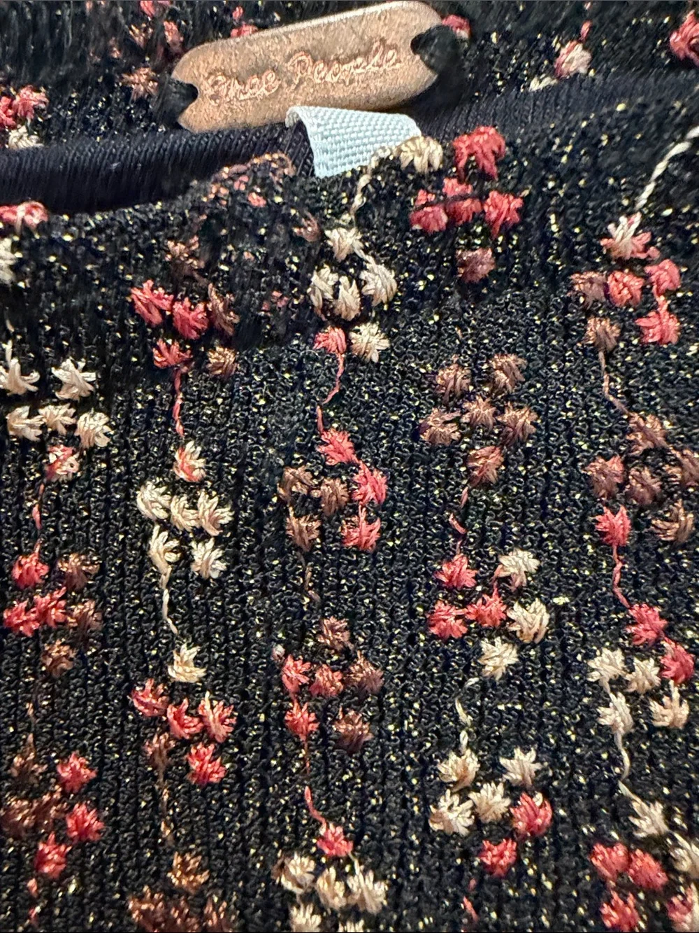 Free People Black Knit Pants with Metallic Thread and Pink Floral Embroidery